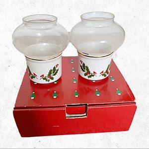 Vintage Christmas Mini Hurricane Lamp Set of 2, Hand Painted with Box